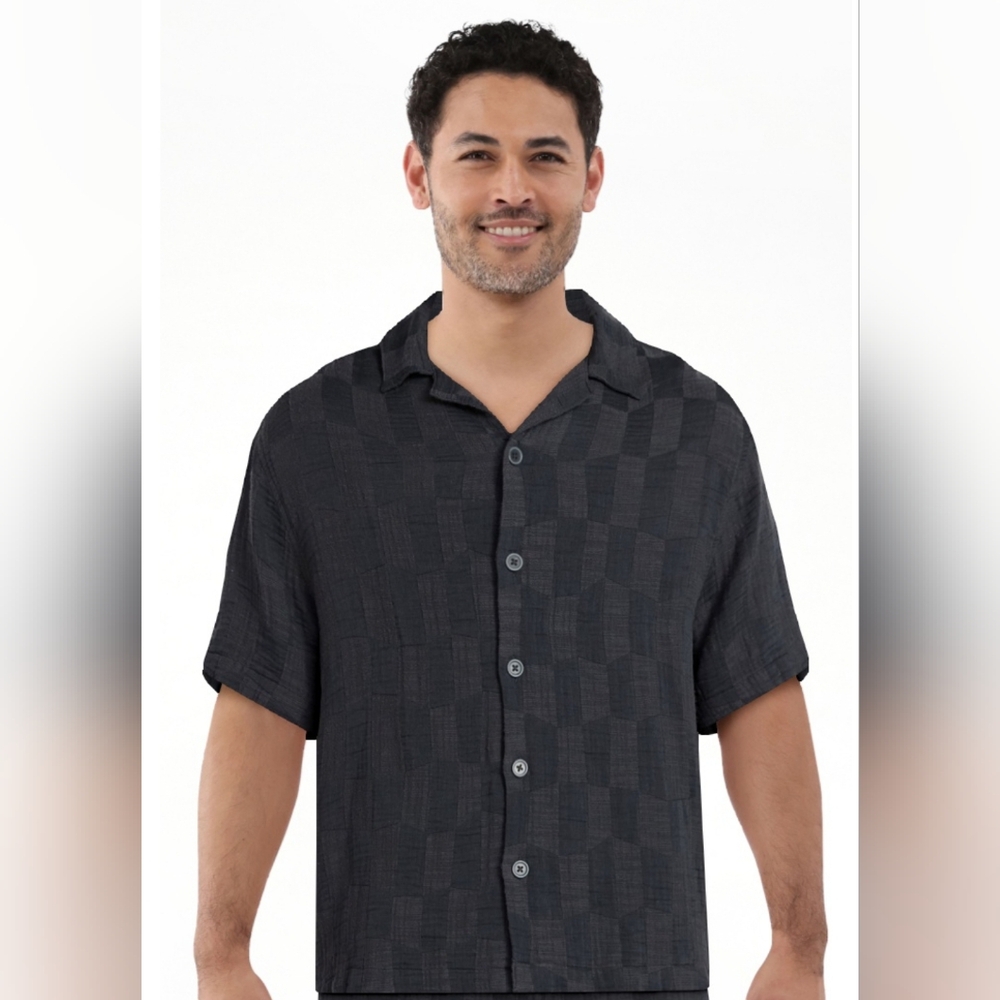 2XL NB Check Gauze Grey Shadow Shirt Vacation Beach Rockabilly Casual Minimalist